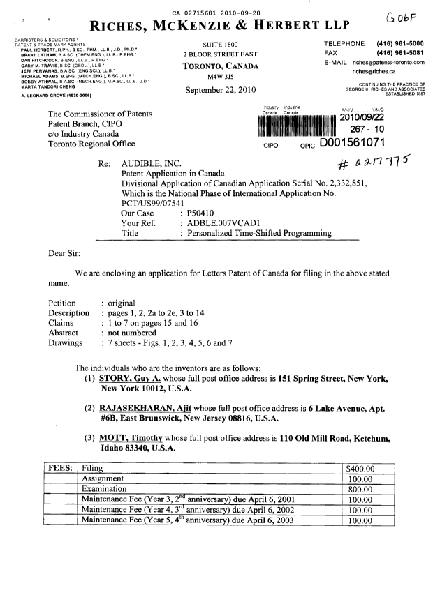 Document de brevet canadien 2715681. Cession 20100928. Image 1 de 5