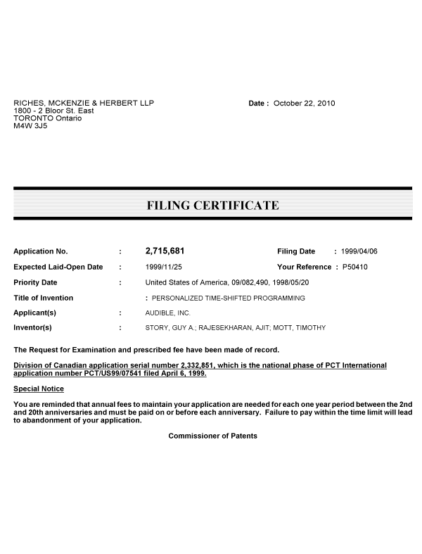 Document de brevet canadien 2715681. Correspondance 20101022. Image 1 de 1