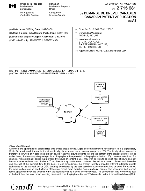 Document de brevet canadien 2715681. Page couverture 20101117. Image 1 de 1