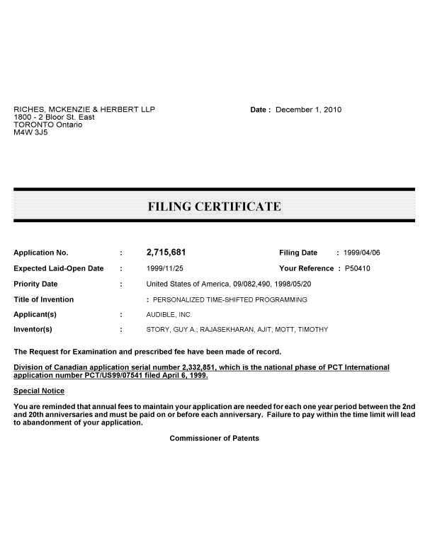 Document de brevet canadien 2715681. Correspondance 20101201. Image 1 de 1