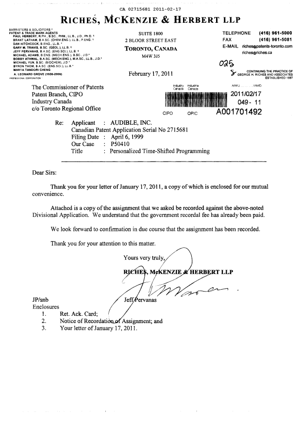 Document de brevet canadien 2715681. Cession 20110217. Image 1 de 7