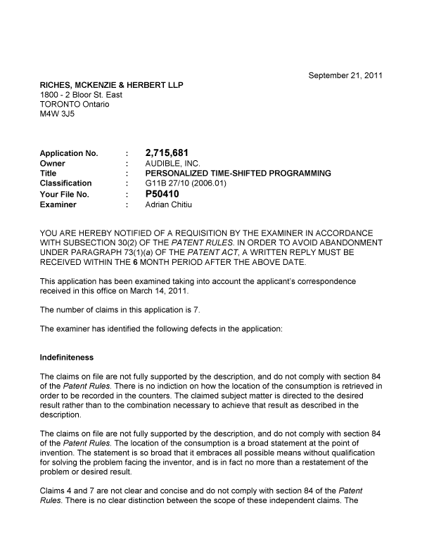 Document de brevet canadien 2715681. Poursuite-Amendment 20110921. Image 1 de 2