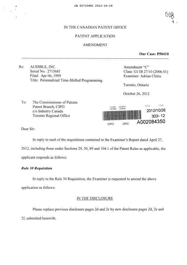 Document de brevet canadien 2715681. Poursuite-Amendment 20121026. Image 1 de 14