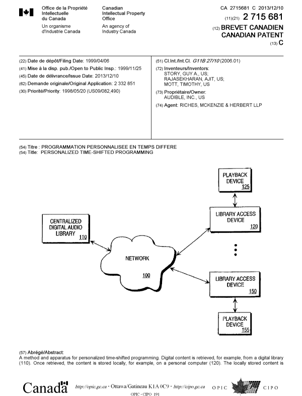 Document de brevet canadien 2715681. Page couverture 20131112. Image 1 de 2
