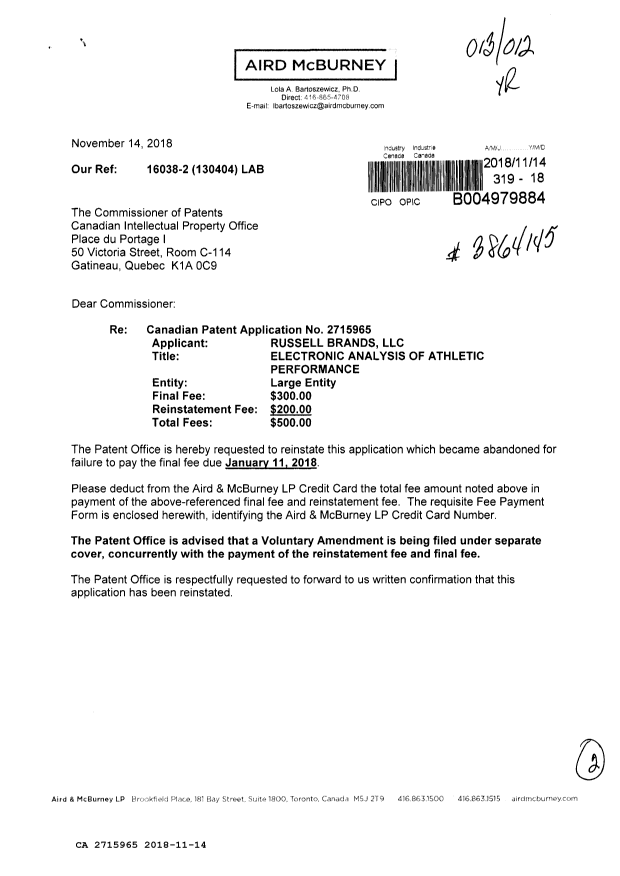Canadian Patent Document 2715965. Reinstatement 20181114. Image 1 of 2