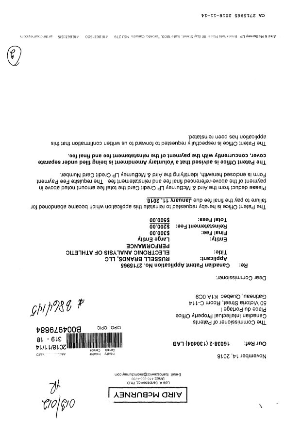 Canadian Patent Document 2715965. Final Fee 20181114. Image 1 of 2