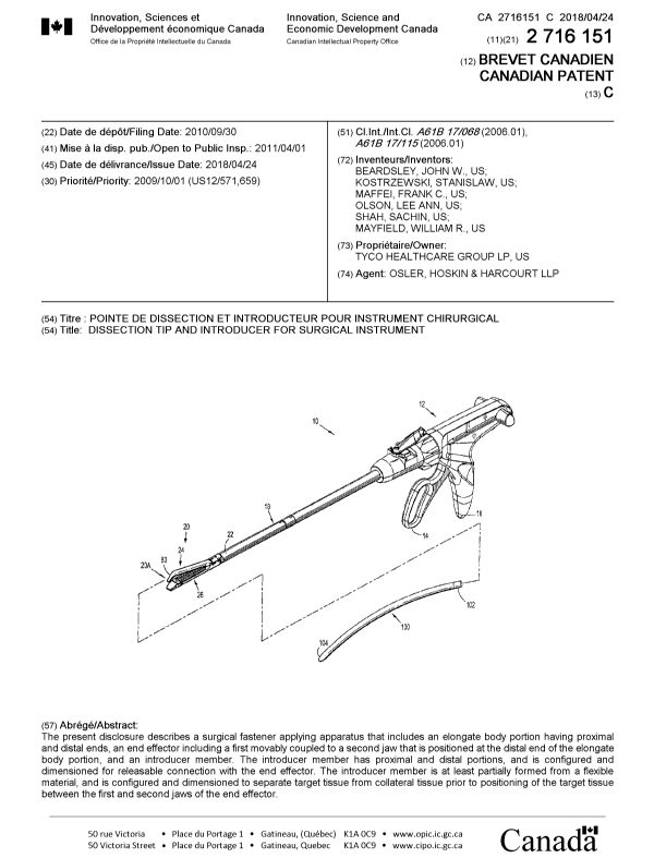Canadian Patent Document 2716151. Cover Page 20180322. Image 1 of 1