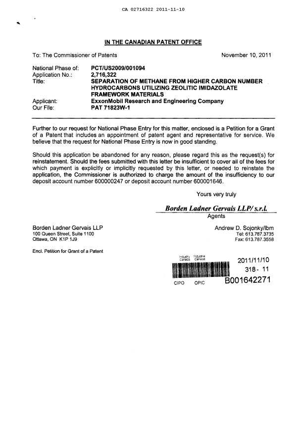 Canadian Patent Document 2716322. Correspondence 20111110. Image 1 of 3