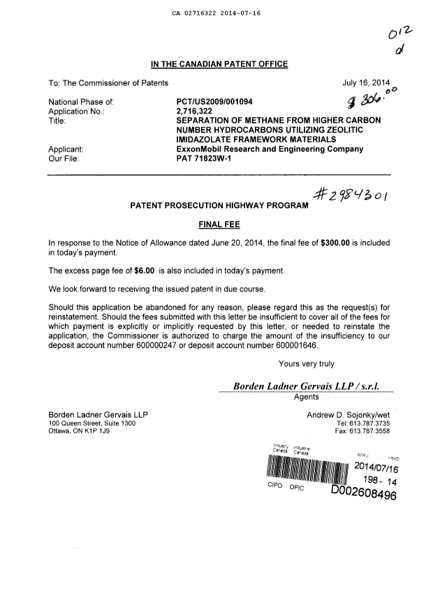 Canadian Patent Document 2716322. Correspondence 20140716. Image 1 of 1
