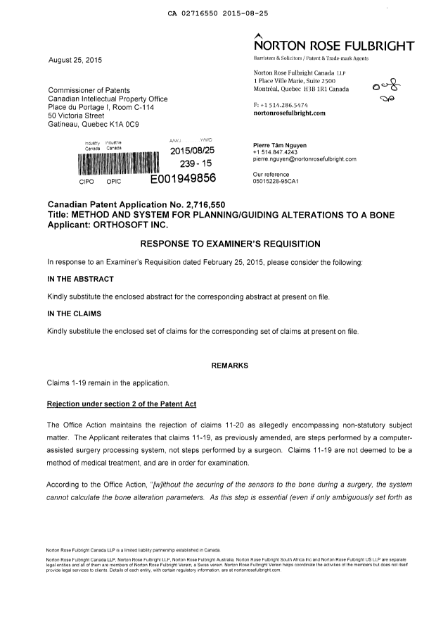 Canadian Patent Document 2716550. Prosecution-Amendment 20141225. Image 1 of 12