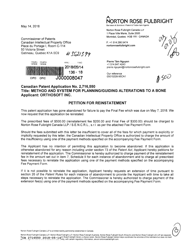 Document de brevet canadien 2716550. Rétablissement 20180514. Image 1 de 13