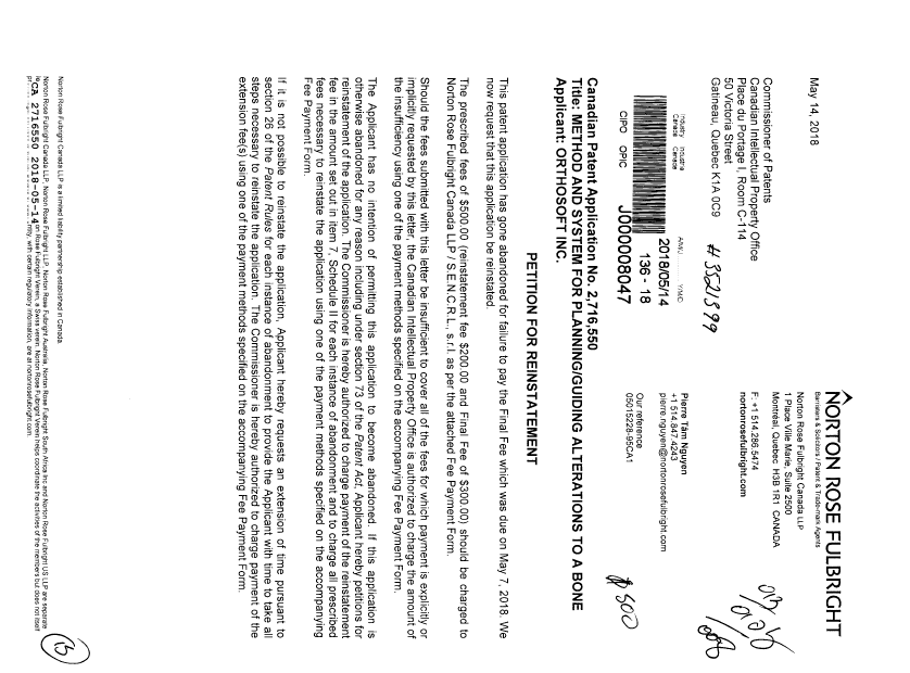 Document de brevet canadien 2716550. Rétablissement 20180514. Image 1 de 13