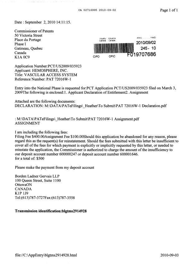 Document de brevet canadien 2716995. Cession 20091202. Image 1 de 13