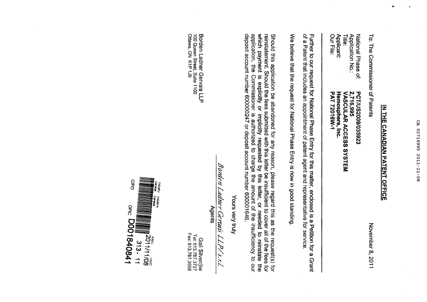 Canadian Patent Document 2716995. Correspondence 20101208. Image 1 of 3