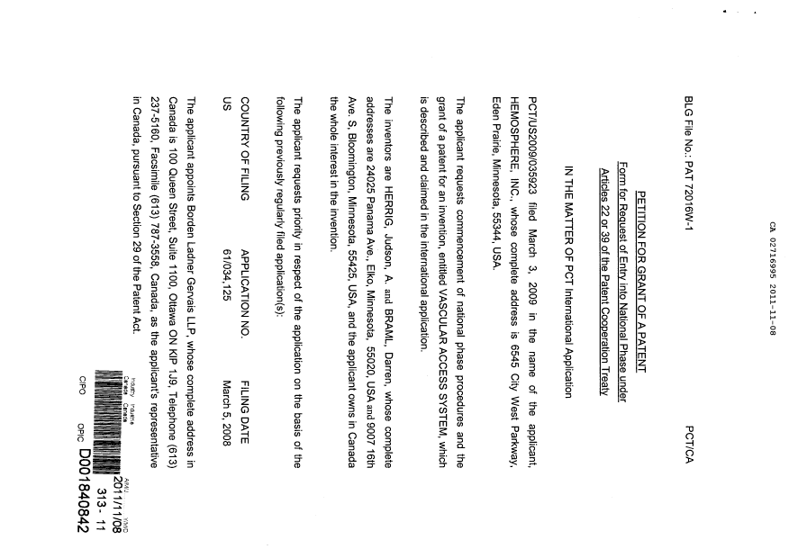 Document de brevet canadien 2716995. Correspondance 20101208. Image 2 de 3