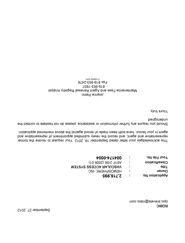 Document de brevet canadien 2716995. Correspondance 20111227. Image 1 de 1