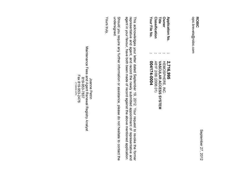 Document de brevet canadien 2716995. Correspondance 20111227. Image 1 de 1