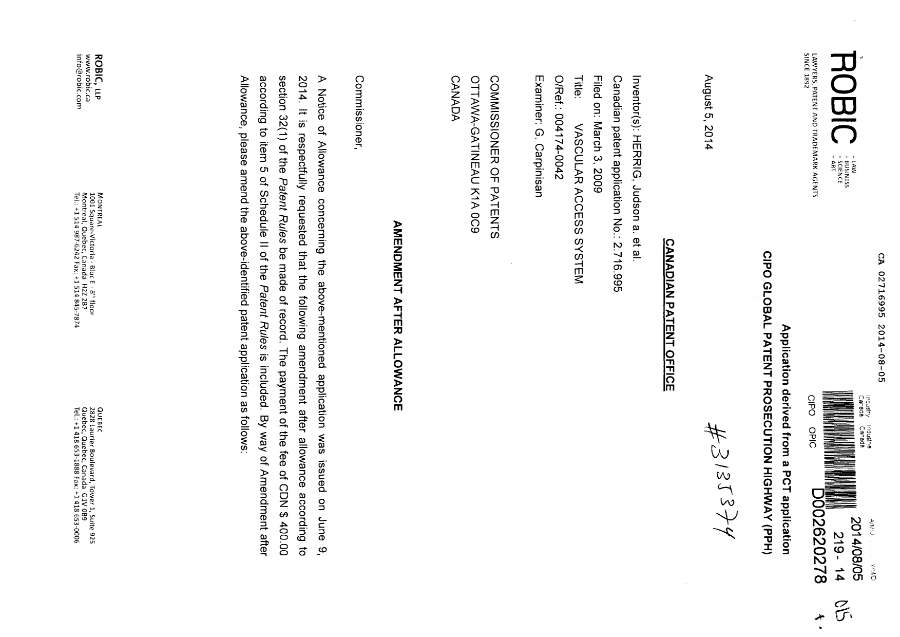 Document de brevet canadien 2716995. Poursuite-Amendment 20131205. Image 1 de 6