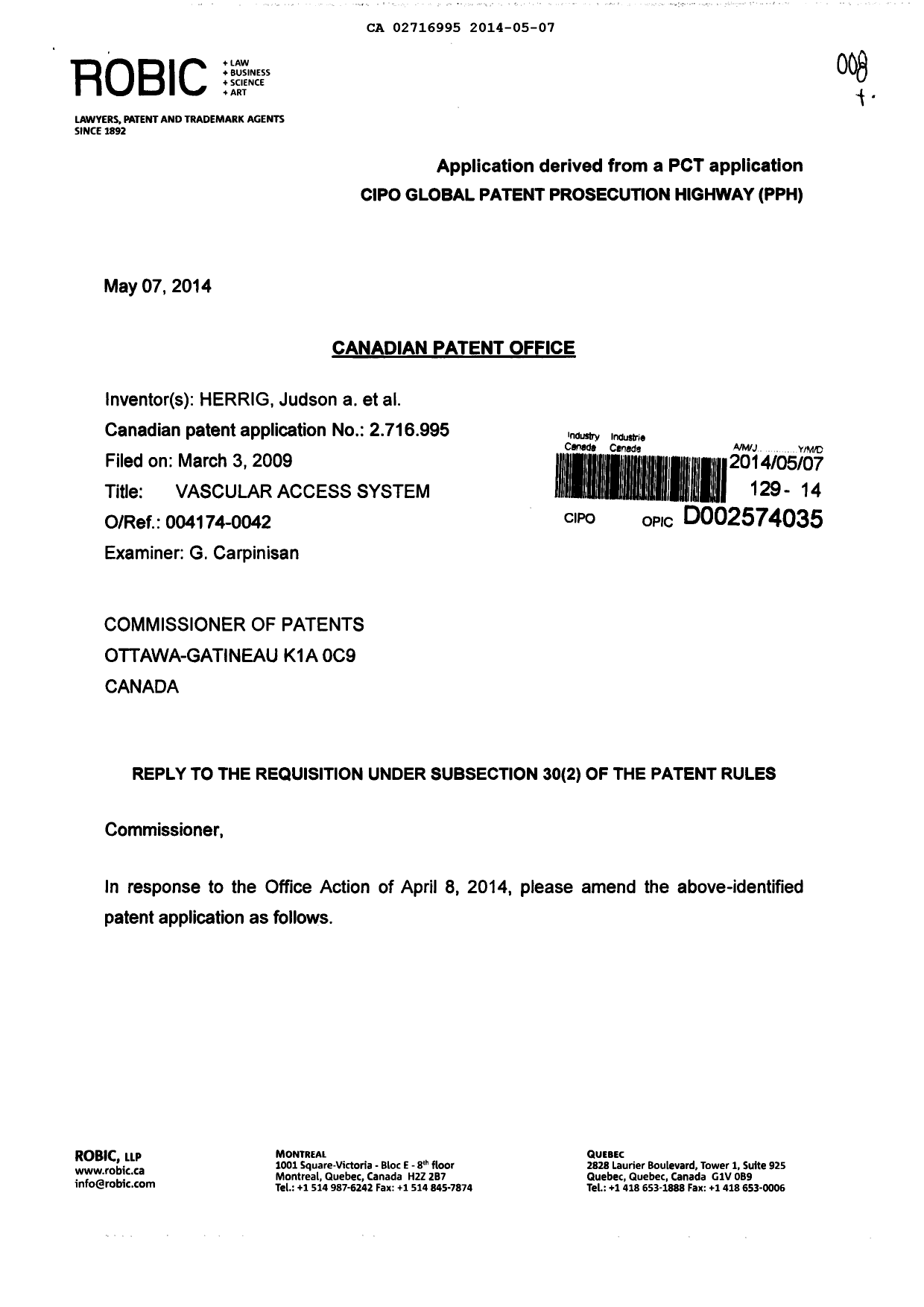 Canadian Patent Document 2716995. Prosecution-Amendment 20131207. Image 1 of 6