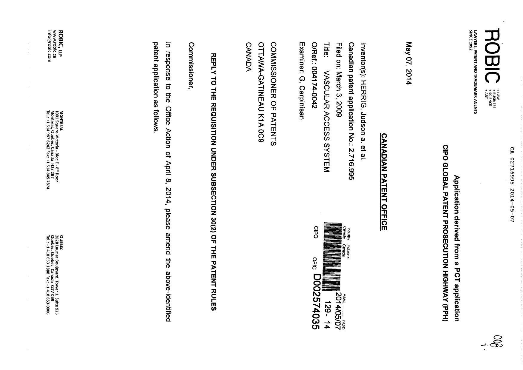 Canadian Patent Document 2716995. Prosecution-Amendment 20131207. Image 1 of 6