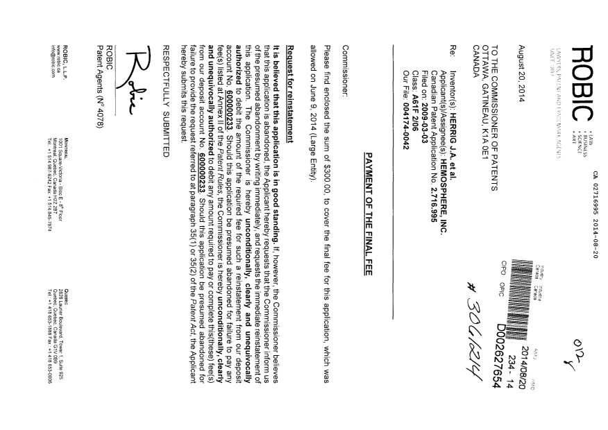 Canadian Patent Document 2716995. Correspondence 20131220. Image 1 of 2