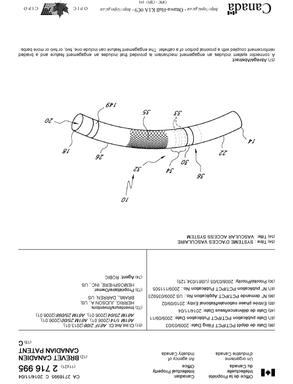 Canadian Patent Document 2716995. Cover Page 20131229. Image 1 of 1