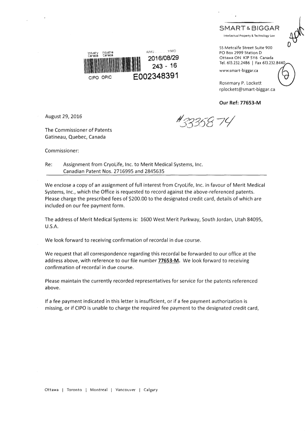 Document de brevet canadien 2716995. Cession 20151229. Image 1 de 4