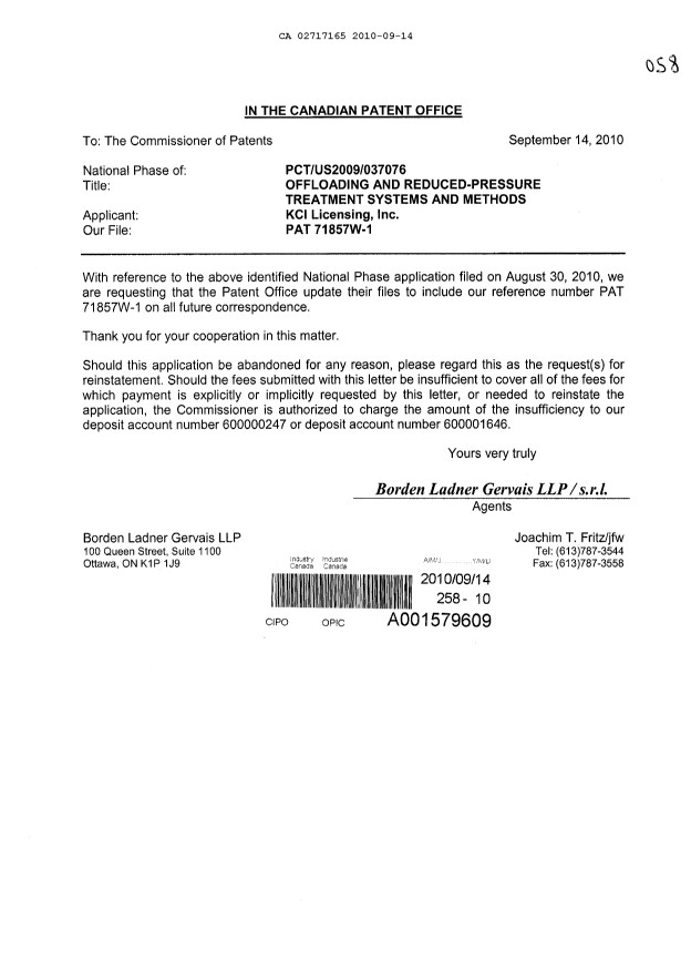 Document de brevet canadien 2717165. Correspondance 20100914. Image 1 de 1