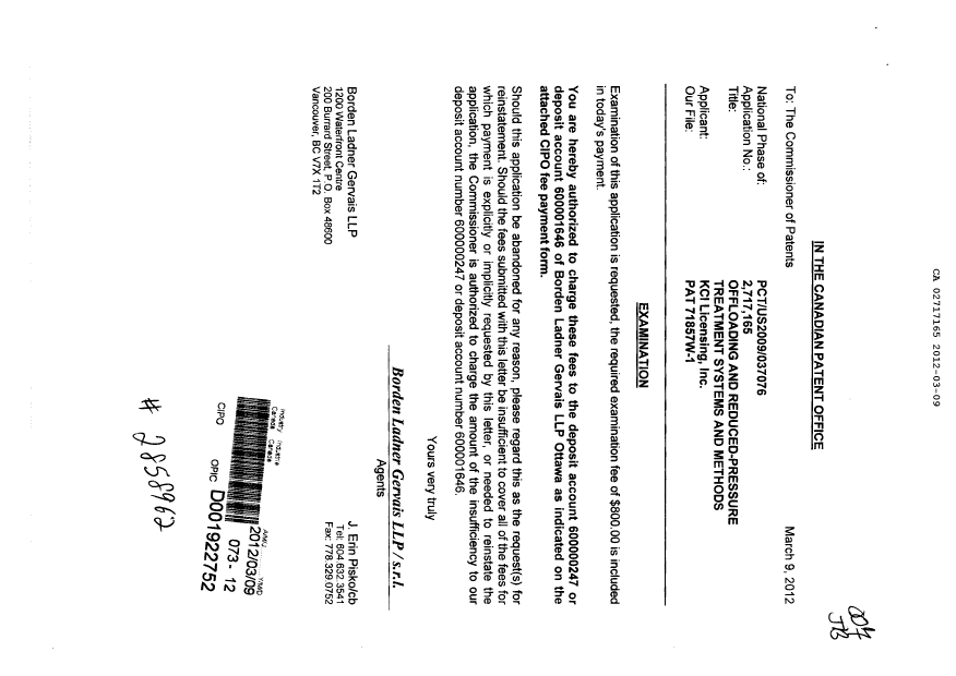Canadian Patent Document 2717165. Prosecution-Amendment 20120309. Image 1 of 1