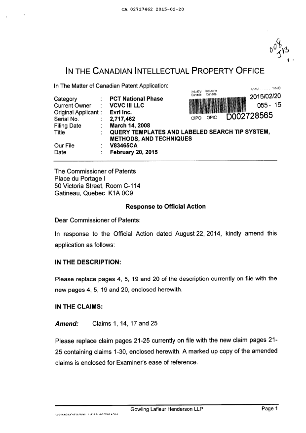 Canadian Patent Document 2717462. Prosecution-Amendment 20150220. Image 1 of 22