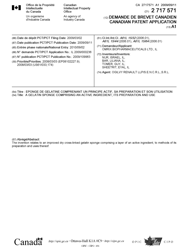 Document de brevet canadien 2717571. Page couverture 20101207. Image 1 de 1