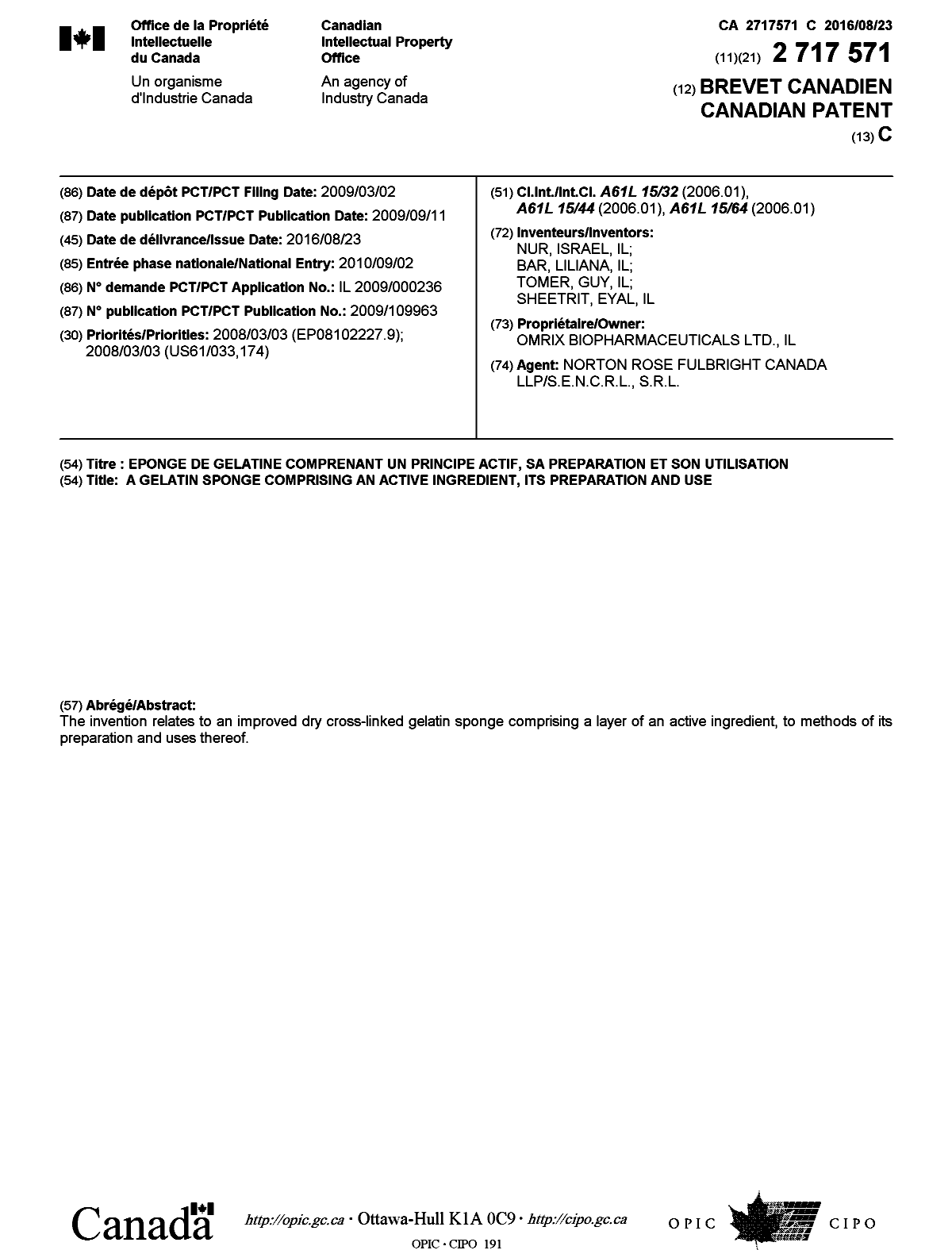 Document de brevet canadien 2717571. Page couverture 20151218. Image 1 de 1