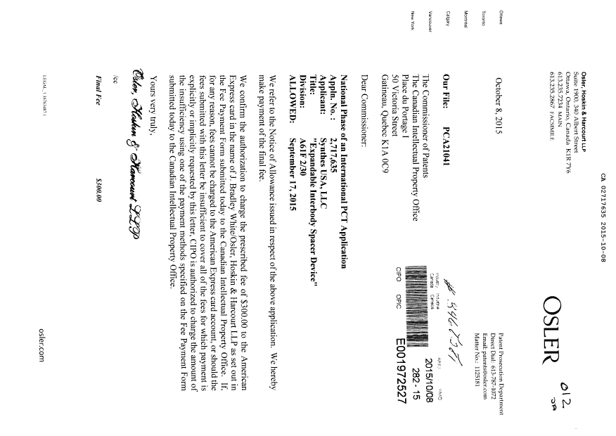 Canadian Patent Document 2717635. Final Fee 20151008. Image 1 of 1