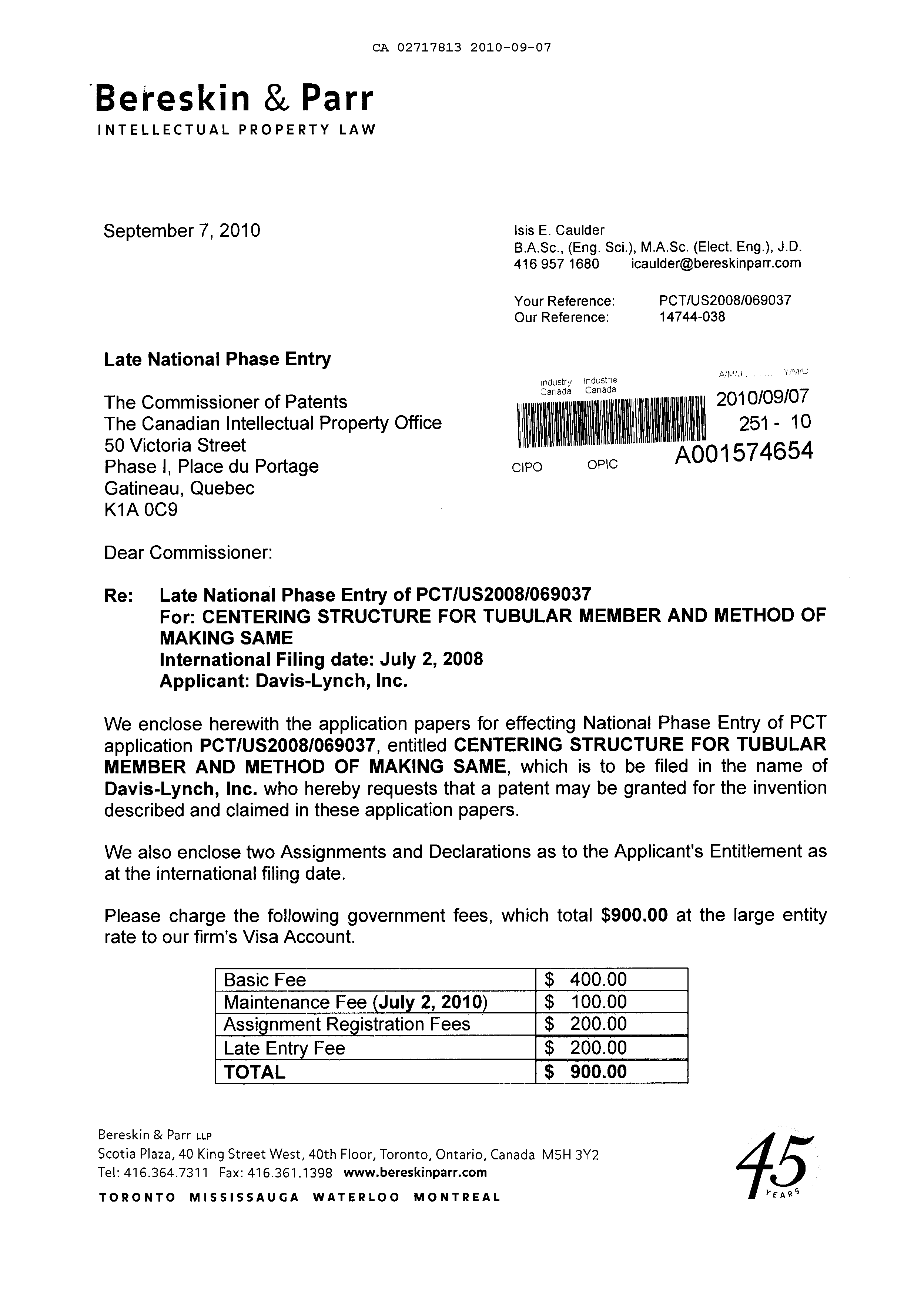 Canadian Patent Document 2717813. Assignment 20100907. Image 1 of 26
