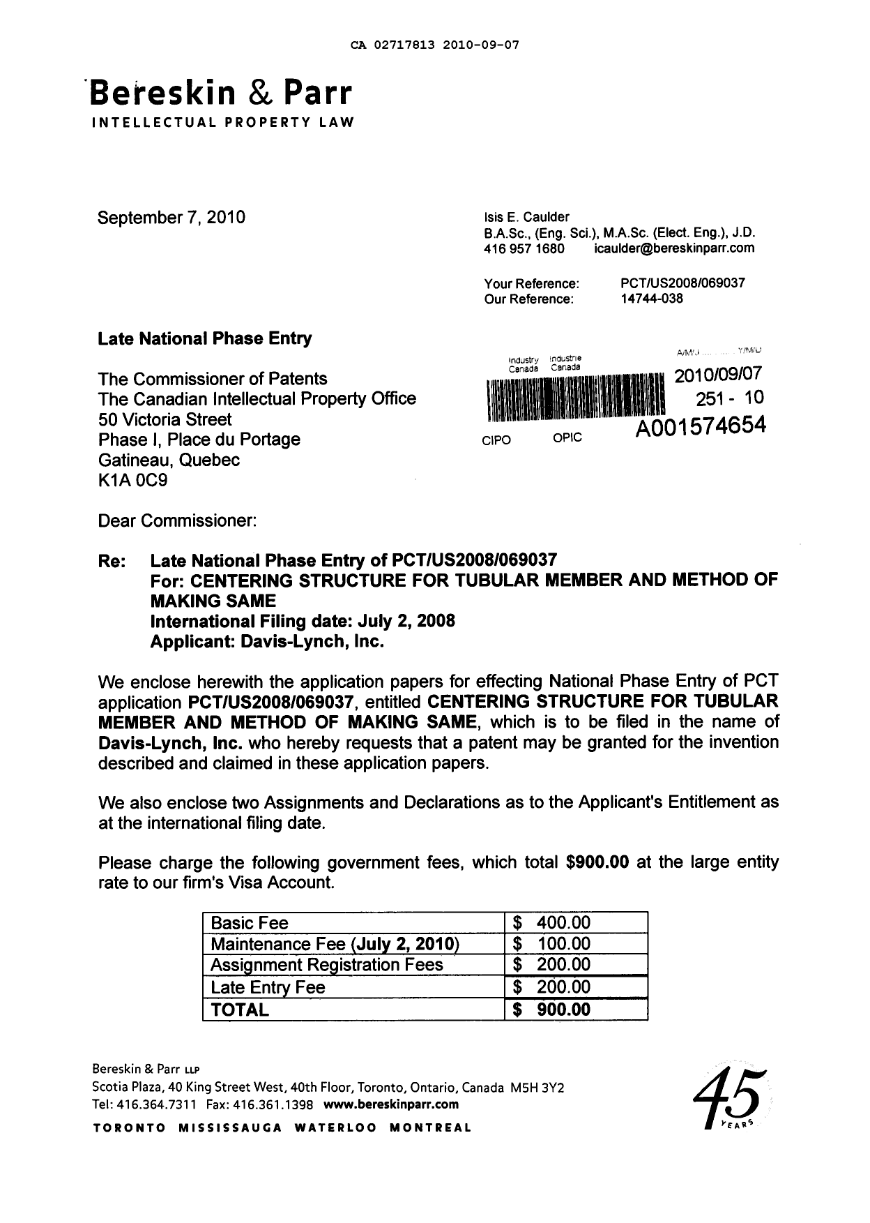 Document de brevet canadien 2717813. Cession 20100907. Image 1 de 26