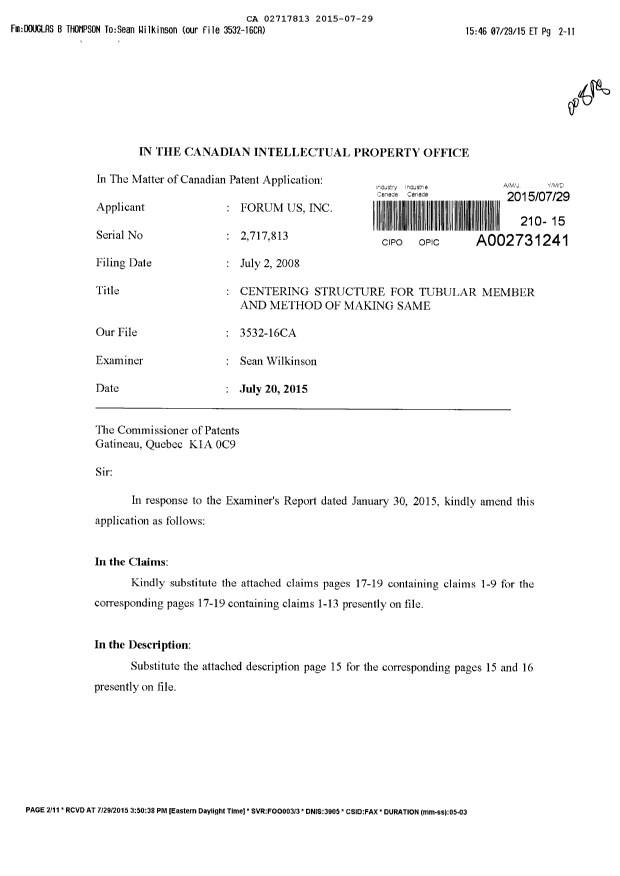 Canadian Patent Document 2717813. Amendment 20150729. Image 1 of 11