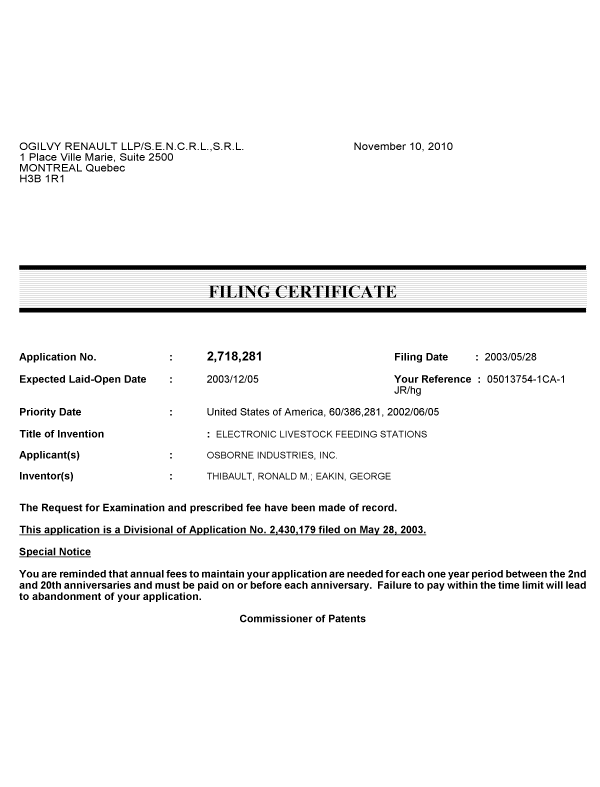 Document de brevet canadien 2718281. Correspondance 20101110. Image 1 de 1