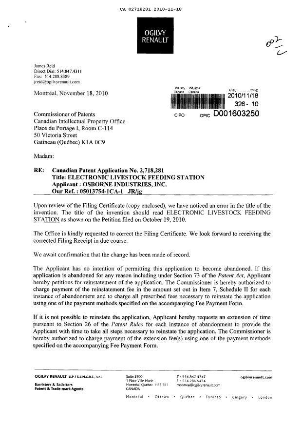 Document de brevet canadien 2718281. Correspondance 20101118. Image 1 de 3