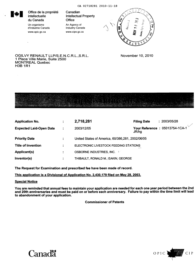 Canadian Patent Document 2718281. Correspondence 20101118. Image 3 of 3