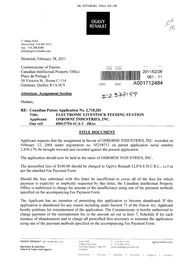 Document de brevet canadien 2718281. Cession 20110228. Image 1 de 2