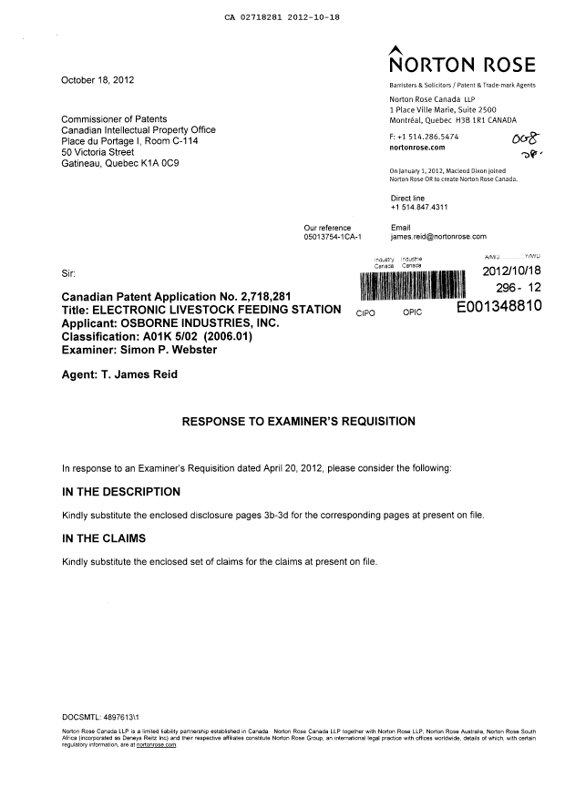 Document de brevet canadien 2718281. Poursuite-Amendment 20121018. Image 1 de 8