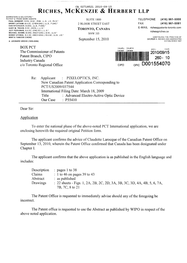 Canadian Patent Document 2718521. Assignment 20100915. Image 1 of 17