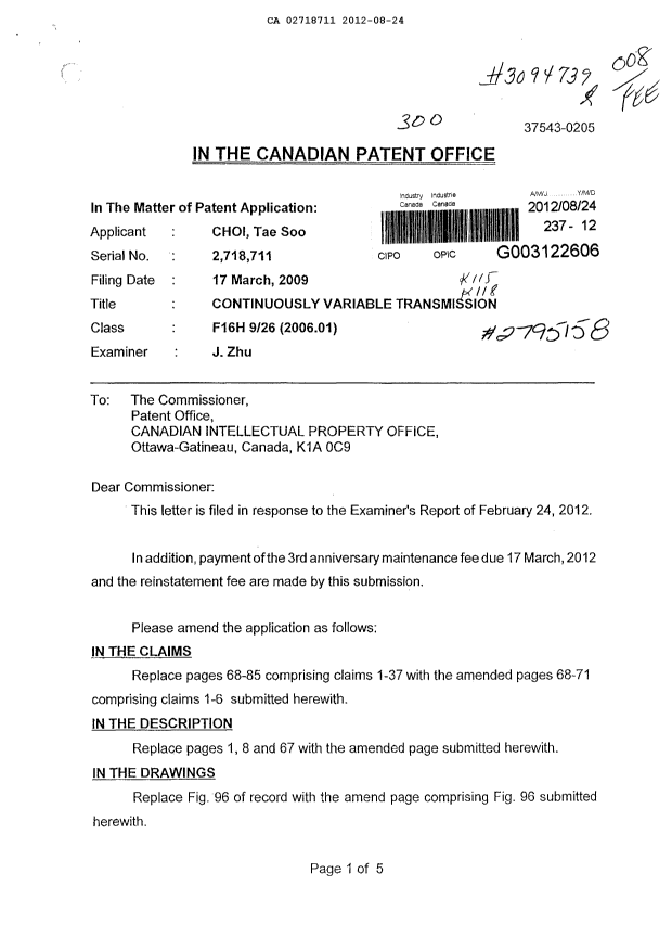 Canadian Patent Document 2718711. Prosecution-Amendment 20120824. Image 1 of 5