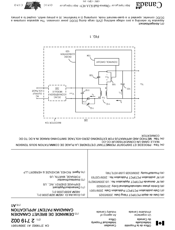 Canadian Patent Document 2719002. Cover Page 20091221. Image 1 of 2