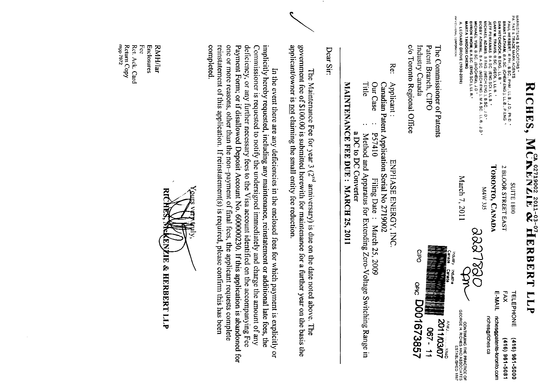 Document de brevet canadien 2719002. Taxes 20101207. Image 1 de 1