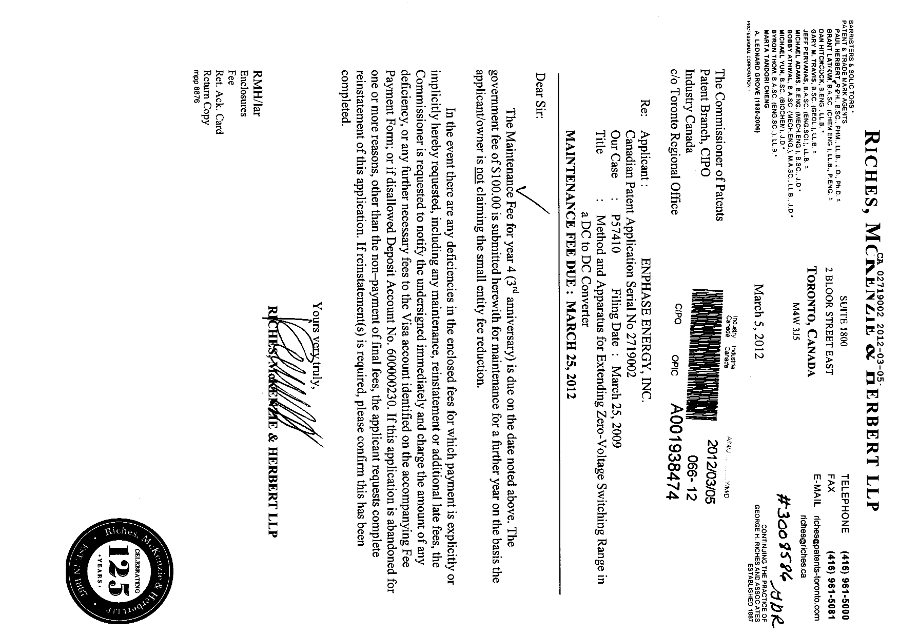 Document de brevet canadien 2719002. Taxes 20111205. Image 1 de 1