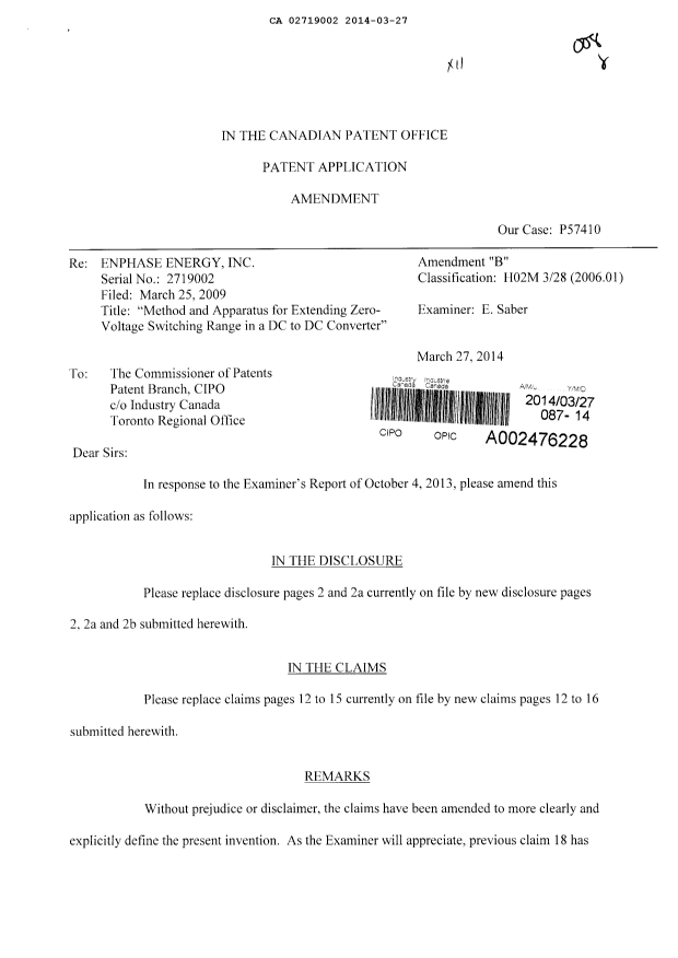Canadian Patent Document 2719002. Prosecution-Amendment 20131227. Image 1 of 12
