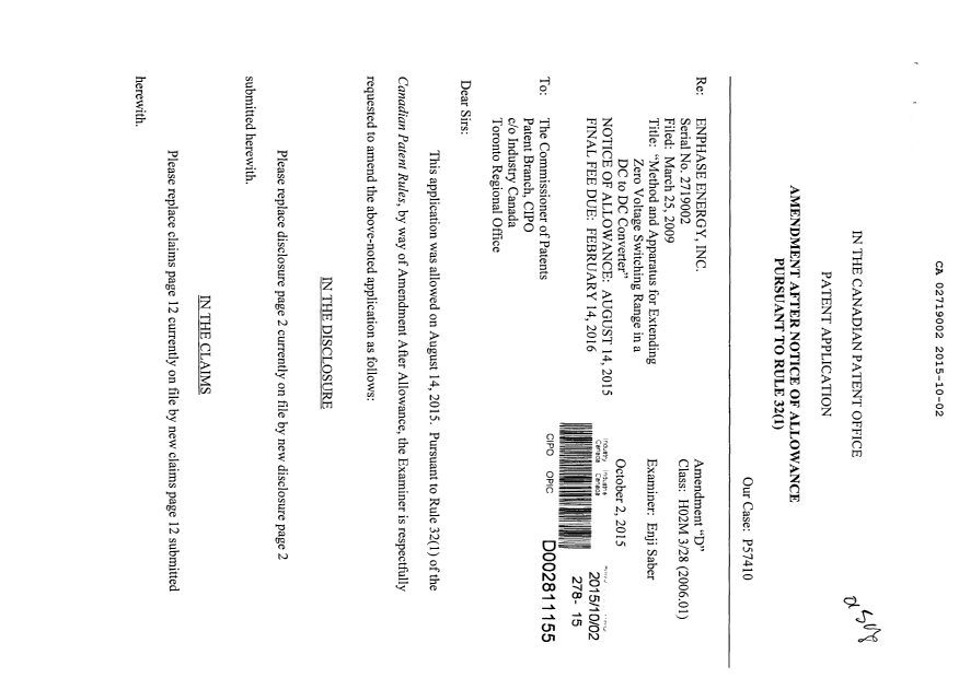 Document de brevet canadien 2719002. Poursuite-Amendment 20141202. Image 1 de 7