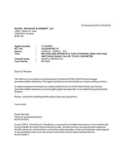 Document de brevet canadien 2719002. Correspondance 20141213. Image 1 de 1