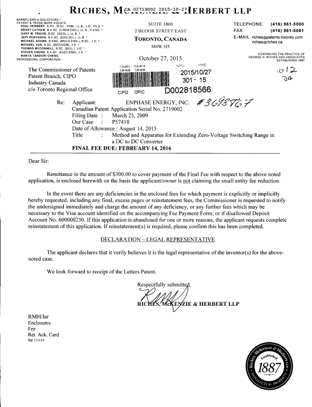 Document de brevet canadien 2719002. Correspondance 20141227. Image 1 de 1
